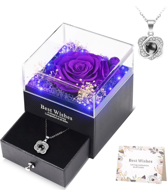 Rosa Morada con Luces y Collar de Te Amo en 100 idiomas